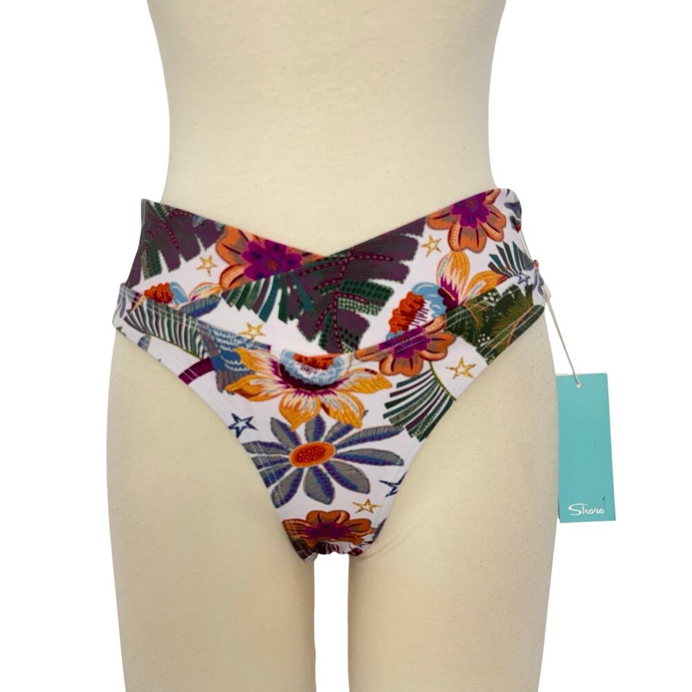 SHORE Olivia Overlap Swim Bottom High Cut Bikini Toucan Me Crazy Floral L NWT